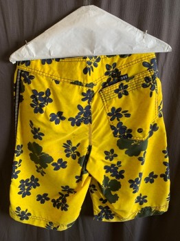 HURLEY, Yellow, Navy Blue, Silver, Polyester, Hawaiian Print, Lace Waistband, Back Pocket, Reflective Strip