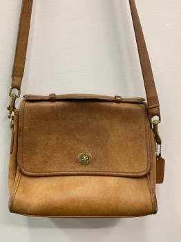 COACH, Brown, Leather, Cross Body, Flap With Twist Closure