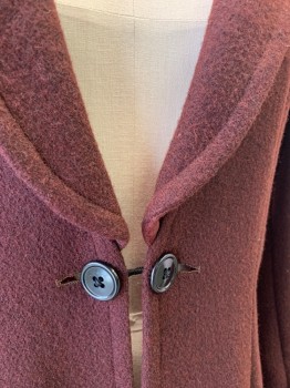 N/L , Red Burgundy, Wool, Solid, Felted Wool, Single Toggle Closure with 2 Buttons at Front, Unusual Square Collar/Lapel with Rounded Back, Folded Cuffs with Black Scallopped Lace Trim, Ankle Length, Made To Order