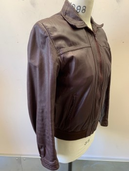 ECHTES LEDER, Red Burgundy, Leather, Solid, Zip Front, Collar Attached, 2 Welt Pockets, Rib Knit Waistband, Burgundy Lining
