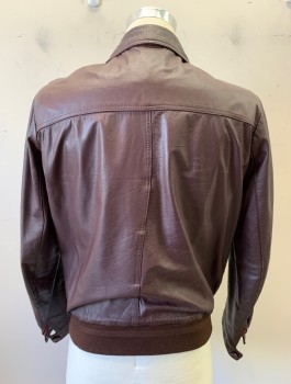 ECHTES LEDER, Red Burgundy, Leather, Solid, Zip Front, Collar Attached, 2 Welt Pockets, Rib Knit Waistband, Burgundy Lining