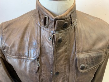 MATCHLESS, Brown, Leather, Solid, British Motorcycle Jacket, Zip/snap Front, Stand Collar, 3 Pocket Flap, Zip Cuffs, Has Belt Loops But No Belt,