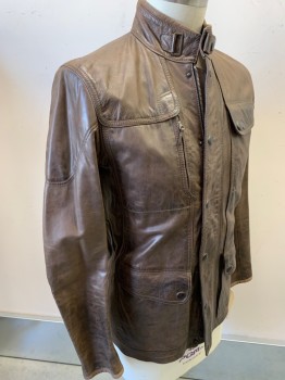 MATCHLESS, Brown, Leather, Solid, British Motorcycle Jacket, Zip/snap Front, Stand Collar, 3 Pocket Flap, Zip Cuffs, Has Belt Loops But No Belt,