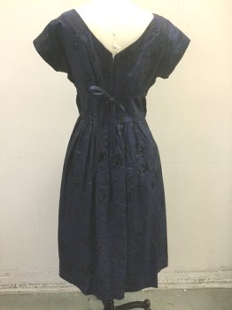 N/L, Midnight Blue, Black, Silk, Floral, Midnight with Black Burnout Roses, Glitter Specks Throughout, Short Sleeves, Wide Scoop Neck, 1" Wide Horizontal Pleat Just Below Bust with Self Ties at Sides, Pleated Skirt, Hem Below Knee,