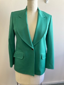 MTO, Dull Kelly Green Heavy Wool, SB. 1 Btn, Wide Swooping Peaked Lapel, 2 Pckts, 1 Button On Cuffs