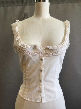 M.T.O., Cream, Cotton, Mesh Knit with Floral Embroidered Sheer Ribbon Trim. Covered Button Front, Scoop Neck. Stain On Right Rib Front.