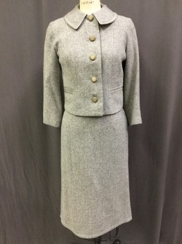 N/L, Gray, Lt Gray, Wool, Herringbone, Jackie O, Cropped, Round Collar, 5 Buttons, 2 Welt Pocket, Collar and Pockets Bound in Braided Trim
