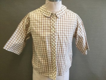 SHIRTMAKERS, Beige, White, Cotton, Gingham, Beige/White Gingham, 3/4 Sleeve, Button Front, Rounded Collar