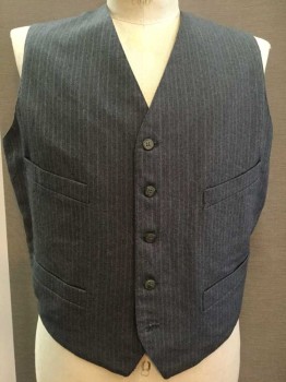 Gray, Lt Gray, Wool, Stripes - Vertical , 5 Buttons, V-neck, Split Back with Ties, 4 Pockets,