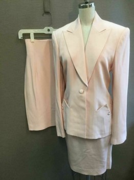 RICHARD TYLER, Lt Pink, Silk, Solid, Single Breasted, Peaked Lapel, 1 Self Fabric Covered Button, Retro Zig Zagged Pockets with Self Covered Button Detail, Padded Shoulders,