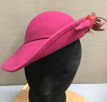 MR. JOHN, Magenta Purple, Wool, Solid, Wool Felt Hat with Wide Front Brim, Left Side Brim Turned Up, Self Hat Band, Red/Black Feather in Self Holder Attached to Upturned Side Brim, 1940's Repro