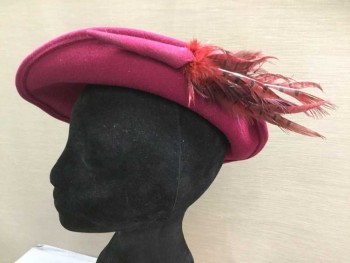 MR. JOHN, Magenta Purple, Wool, Solid, Wool Felt Hat with Wide Front Brim, Left Side Brim Turned Up, Self Hat Band, Red/Black Feather in Self Holder Attached to Upturned Side Brim, 1940's Repro