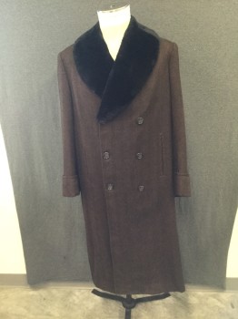 DOMINIC GHERARDI, Brown, Black, Wool, Synthetic, Herringbone, Solid, Black & Brown Herringbone with Black Faux Fur Shawl Collar, Double Breasted, 2 Slit Pockets, Slit Center Back,