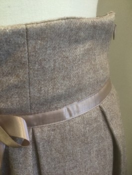 DIMO, Taupe, Wool, Polyester, Solid, Knee Length, Dropped Waist Satin 1/2" Ribbon Detail with Bow at Center Front, Box Pleats, Invisible Zipper at Side