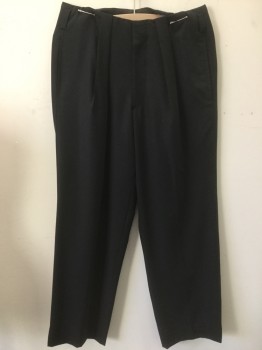 WOODY WILSON COLL, Black, Wool, Solid, No Waist Band, Pleated Front with Pleats As Belt Loops, Zip Fly, Slit Pockets