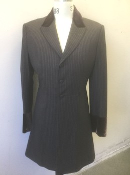 N/L MTO, Brown, Gray, Wool, Cotton, Stripes - Pin, Frock Coat, Brown with Gray Pinstripes, Brown Solid Velvet Panel on Peaked Lapel and Cuffs, 3 Fabric Covered Buttons, Made To Order Victorian Reproduction