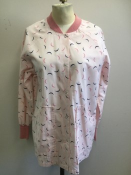 ANGELICA, Baby Pink, Pink, Navy Blue, Poly/Cotton, Abstract , Long Sleeves, Snap Front, 2 Pockets, Rib Knit Cuffs & Collar, Crescent Moons