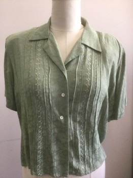 N/L, Sage Green, Rayon, Floral, Jacket/Top, Short Sleeves, Button Front, Notched Collar, Padded Shoulders, Vertical Pin Tucks at Front with Self Diamond Embroidery,