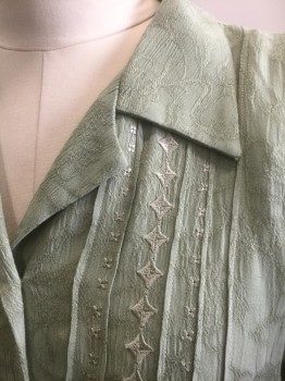 N/L, Sage Green, Rayon, Floral, Jacket/Top, Short Sleeves, Button Front, Notched Collar, Padded Shoulders, Vertical Pin Tucks at Front with Self Diamond Embroidery,