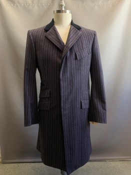 Martin Greenfield, Gray, Purple, Black, Wool, Silk, Stripes, Velvet Collar with Peaked Lapel ,4 Button Front , Hidden Button Placket Flap Pockets, Belted back with Two Buttons, 4smaller Buttons on Each Cuff , Straight Bottom , Bright Purple Silk Lining