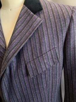 Martin Greenfield, Gray, Purple, Black, Wool, Silk, Stripes, Velvet Collar with Peaked Lapel ,4 Button Front , Hidden Button Placket Flap Pockets, Belted back with Two Buttons, 4smaller Buttons on Each Cuff , Straight Bottom , Bright Purple Silk Lining