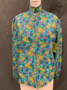 COBER KNIT, Blue, Yellow, Pink, Lt Blue, Nylon, Floral, Floral Watercolor Windbreaker, Zip Front, Button Tab Band Collar, Long Sleeves, 1/2 Ribbed Knit Cuff, 2 Pockets,