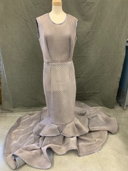 MTO, Dove Gray, Gray, Synthetic, Solid, Gown, Dove Gray Royal Blue See Through Netting Material, Sleeveless, U-Neck, Gray Navy Satin 1/4" Edging at Armholes at Neck, Voluminous Ruffled Mermaid Hem, Floor Length, Made To Order (Hem at Ruffle Very Small.  is a Step Into Gown)