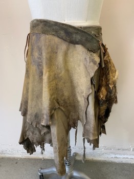 MTO, Brown, Tan Brown, Leather, Fur, Mottled, Solid, Well Constructed Wrap Skirt, Velcro Closure, Fur Bag/loincloth Attached By Wang