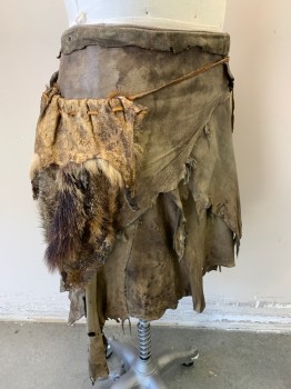 MTO, Brown, Tan Brown, Leather, Fur, Mottled, Solid, Well Constructed Wrap Skirt, Velcro Closure, Fur Bag/loincloth Attached By Wang