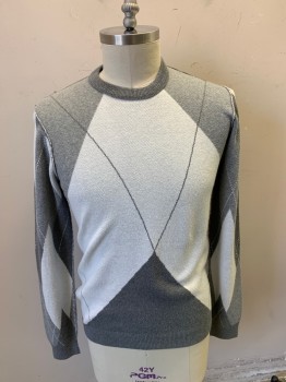 TED BAKER, Lt Gray, Gray, Dk Gray, Cotton, Polyamide, Argyle, Long Sleeves, Crew Neck, Rib Knit Collar Cuffs and Waistband