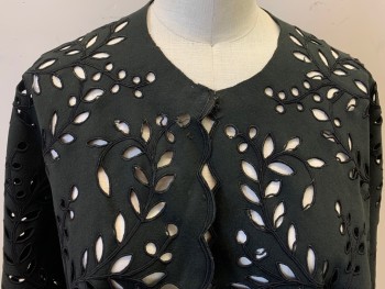 N/L, Black, Wool, Floral, Capelet, Felted Wool with Embroidery Lined Cutouts, Some of the Embroidery Has Pulled Away From the Fabric See Detail Photos, 4" Wide Lace at Hem, Hook & Bar at Neck, Mended Center Back at Neck, See Detail Photo,