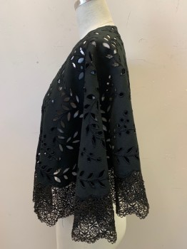 N/L, Black, Wool, Floral, Capelet, Felted Wool with Embroidery Lined Cutouts, Some of the Embroidery Has Pulled Away From the Fabric See Detail Photos, 4" Wide Lace at Hem, Hook & Bar at Neck, Mended Center Back at Neck, See Detail Photo,