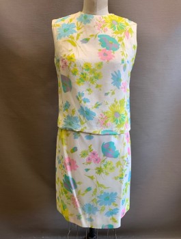N/L, White, Chartreuse Green, Pink, Sky Blue, Yellow, Silk, Floral, Chiffon Over Opaque Lining, Sleeveless, Round Neck, Center Back Zipper