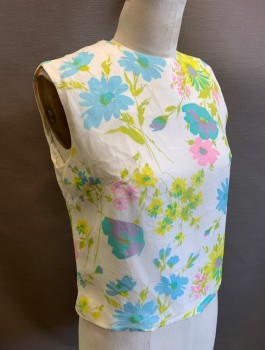 N/L, White, Chartreuse Green, Pink, Sky Blue, Yellow, Silk, Floral, Chiffon Over Opaque Lining, Sleeveless, Round Neck, Center Back Zipper