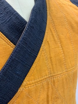 N/L, Goldenrod Yellow, Navy Blue, Solid, Raw Silk, Diamond Quilting, Contrasting Trim at Surplice Neck and Caps at Arm Openings, Asian/Buddhist Monk Inspired