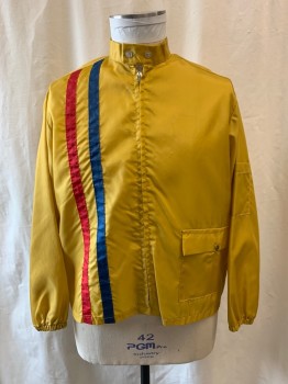 SWINGSTER, Mustard Yellow, Nylon, Stand Collar with Tab & Buttons, Zip Front, 1 Pocket, Red & Blue Vertical Stripe