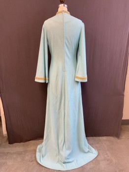 MTO, Lt Blue, Synthetic, Solid, Crepe, Metallic Gold and Metallic Navy Abstract Embroidery Center Front, Long Bell Sleeves, Band Collar, Zip Back, Gold Braided Ribbon Neck and Cuff Detail, Floor Length Hem