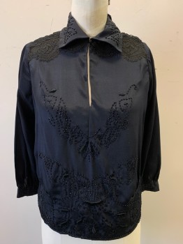 N/L, Black, Silk, Solid, 3/4 Sleeves, Jet Black Bead & Embroidery, 2 Types of Lace at Shoulders, Keyhole with 1 Button at Neck. Snaps at Left Side Waist, Mended in Places, Collar Attached,