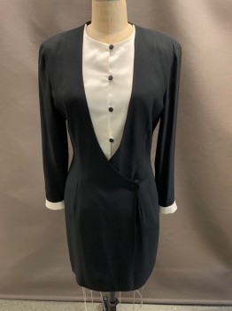 GIORGIO ARMANI, Black, Polyester, Wool, V-N, Surplice, L/S, White Cuffs, Round Neck, White Under Top With 5 Buttons, Hem Below Knee