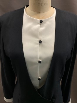 GIORGIO ARMANI, Black, Polyester, Wool, V-N, Surplice, L/S, White Cuffs, Round Neck, White Under Top With 5 Buttons, Hem Below Knee