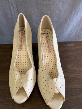 BUT ANOTHER INNOCENT, Cream, Leather, Solid, Reproduction Pumps, Dotted Hole Punched, Peep Toe, 3" Chunky Heel