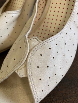 BUT ANOTHER INNOCENT, Cream, Leather, Solid, Reproduction Pumps, Dotted Hole Punched, Peep Toe, 3" Chunky Heel