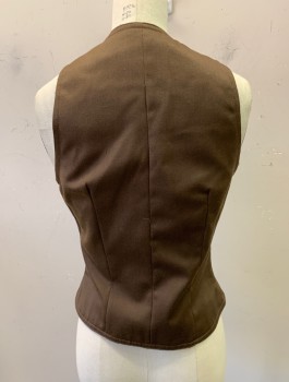ANNE KLEIN, Brown, Wool, Solid, Gabardine, 7 Buttons, V Neck,  2 Decorative/Non Functional Pocket Flaps With Buttons