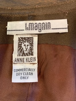 ANNE KLEIN, Brown, Wool, Solid, Gabardine, 7 Buttons, V Neck,  2 Decorative/Non Functional Pocket Flaps With Buttons