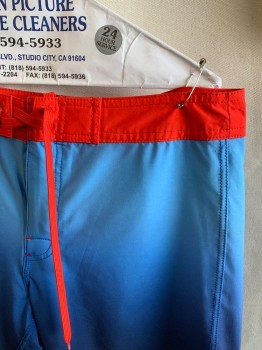 RVCA, Dk Blue, Lt Blue, Red, Polyester, Spandex, Ombre, Color Blocking, Lace Up Waistband, Zip Front, Back Pocket With Velcro Flap, Large Logo On Leg