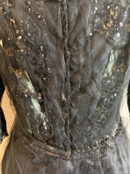 MTO, Black, Sequins, Synthetic, Solid, Slightly Square Neck, 3/4 Sleeves, Gold Circles at Bust, *Several Tears in Lining and Netting*