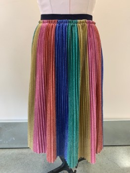 BODEN, Green, Blue, Red, Gold, Pink, Polyester, Metallic/Metal, Stripes, Speckled, Elastic Waist Band, Pleated, Below Knee Length
