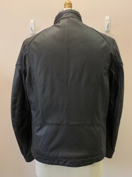 HUGO BOSS, Black, Leather, Solid, Band Collar, Zip Front, Side Pckts, Stitch Detail
