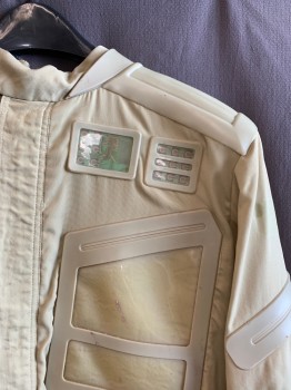 MTO, Beige, Synthetic, Rubber, Solid, Band Collar, Zip Front, L/S, 2 Pockets, Rubber Patches on Left Chest, Rubber Yoke, Black Elastic Hems, *Black Stains on Back of Yoke*