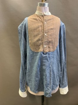 PRIMARK, Blue, Brown, Cotton, Heathered, Stripes, Band Collar, L/S, Button Front, Brown and Faded Brown Striped Bib, White Collar and Cuffs
